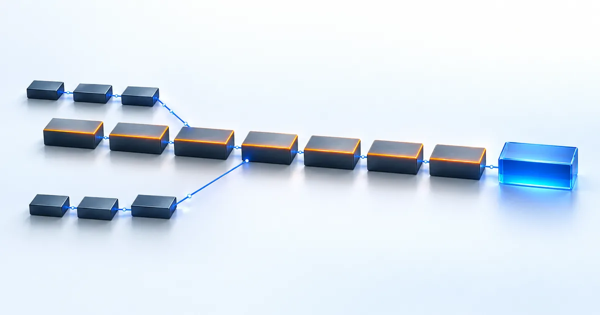 作業ブロックの列が合流し、最後に余裕をまとめたブロックが置かれた流れ（クリティカルチェーンのイメージ）